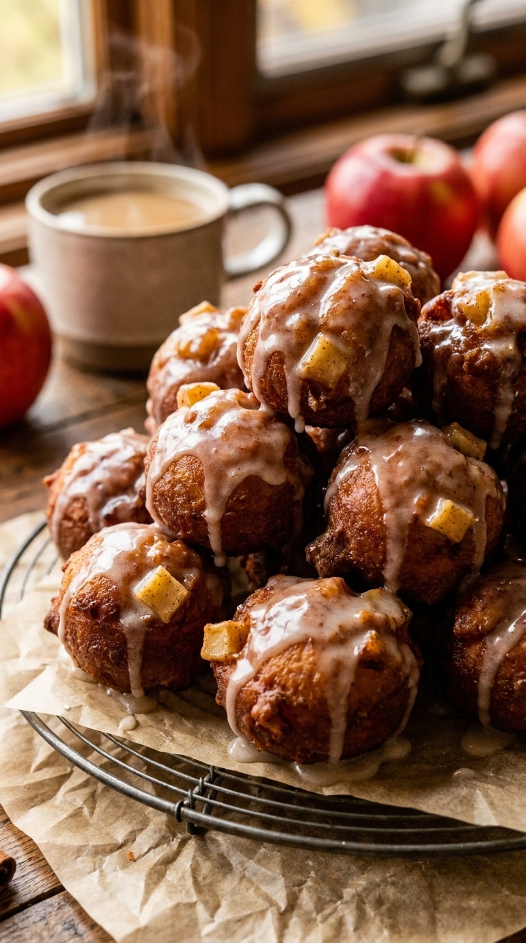 A pile of golden-brown, bite-sized apple fritters covered in a shiny vanilla glaze on a wire cooling rack.