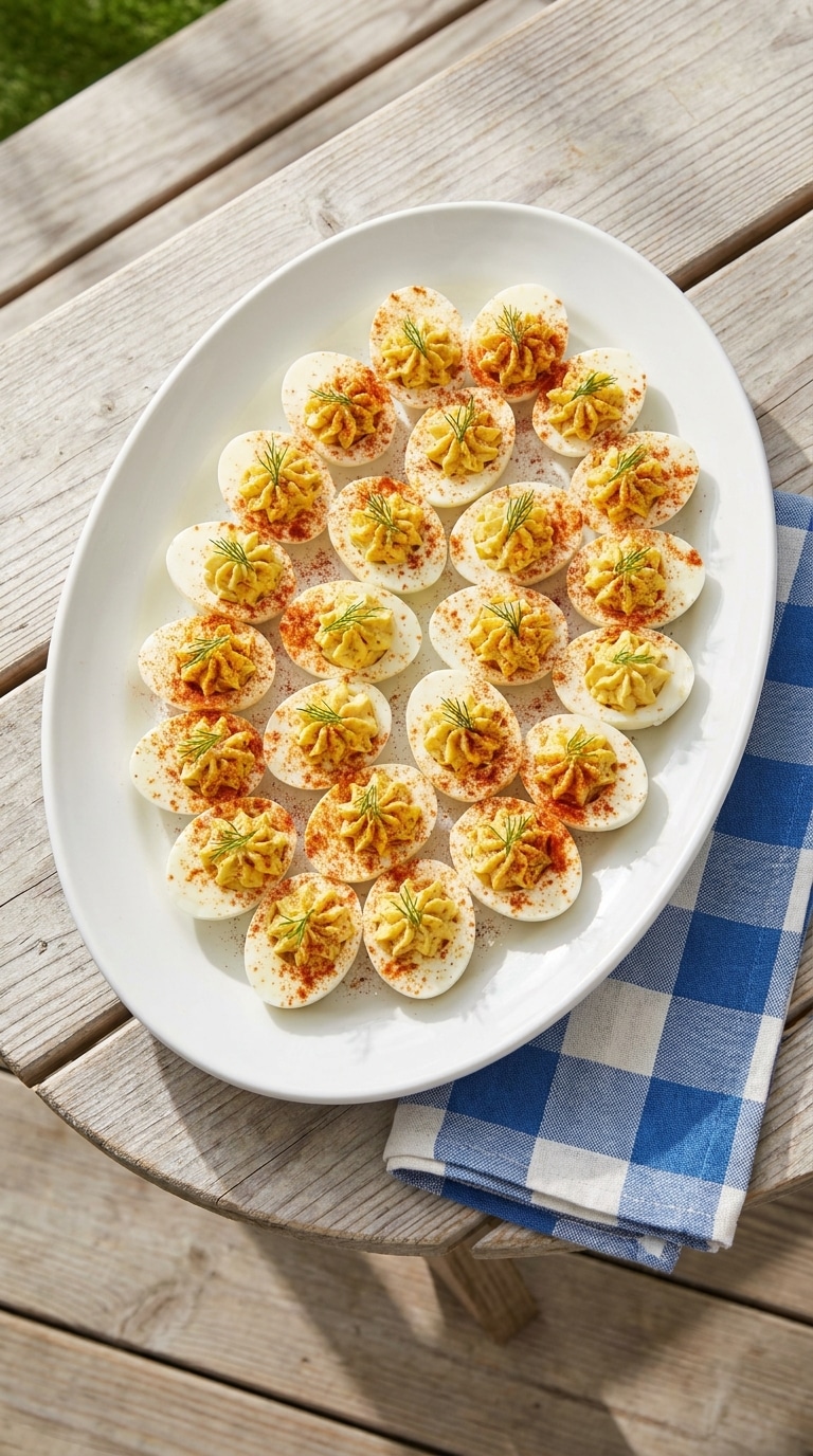 A white platter filled with classic deviled eggs, featuring swirled yellow filling topped with red paprika and fresh dill.