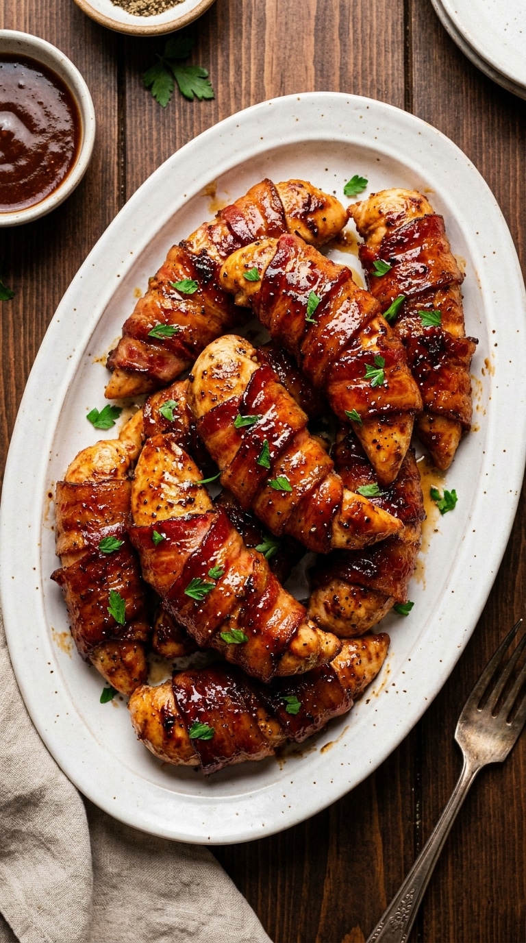 A white ceramic platter filled with crispy bacon-wrapped chicken tenders coated in a shiny caramelized brown sugar glaze.