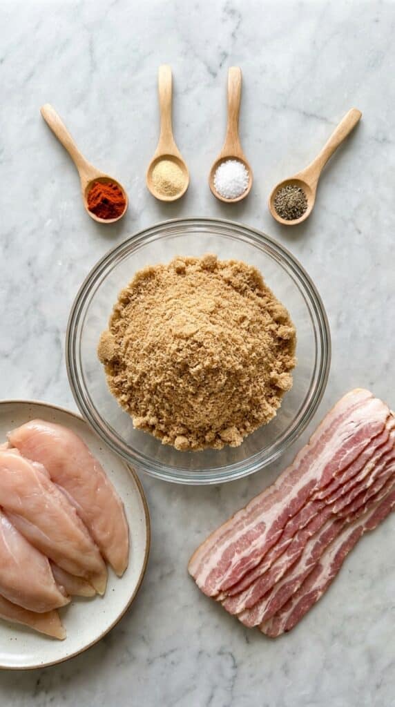 A flat lay showing raw chicken tenders, sliced bacon, a bowl of brown sugar, and spices arranged on a marble surface.