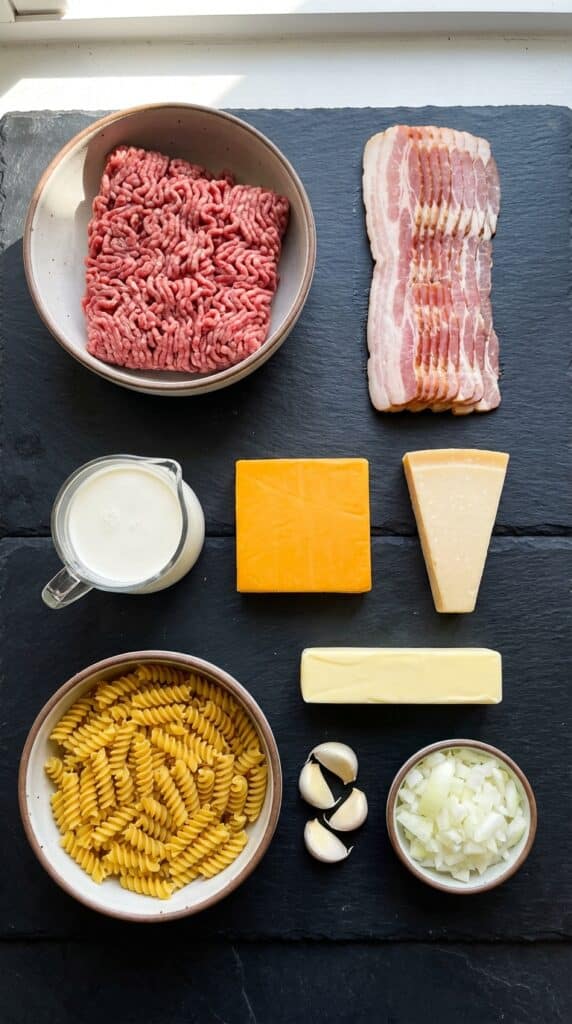 A flat lay showing raw ground beef, bacon, heavy cream, cheddar cheese, parmesan, dry pasta, and aromatics on a dark slate board.
