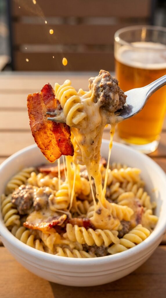 A close-up of a fork twirling cheesy pasta with a piece of bacon and ground beef, with a bowl of pasta in the blurred background.