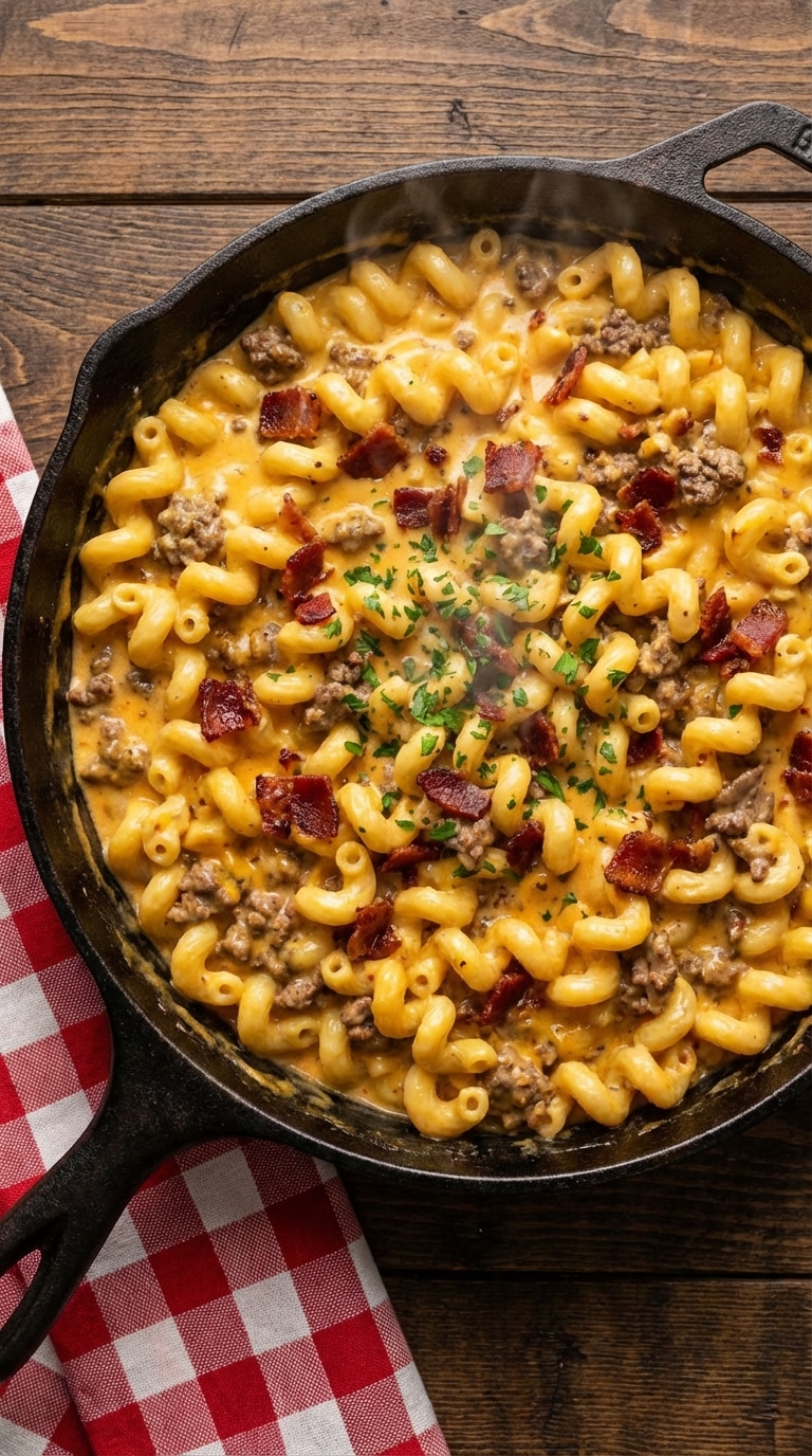 A cast iron skillet filled with cheesy pasta, ground beef, and crispy bacon bits, garnished with fresh parsley.