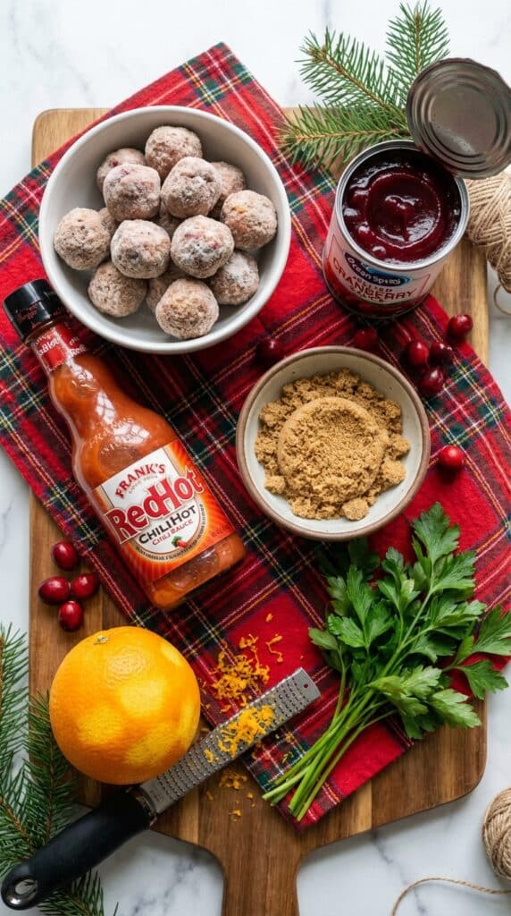 A flat lay showing frozen meatballs, canned cranberry sauce, chili sauce, brown sugar, an orange, and parsley on a wooden board with a plaid cloth.