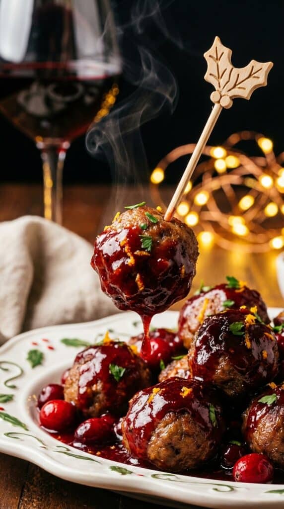 A close-up of a toothpick lifting a glossy cranberry-glazed meatball from a platter, with holiday lights in the background.
