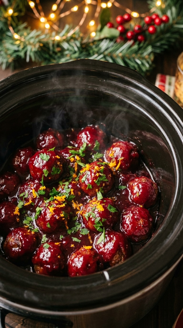 A slow cooker filled with glossy cranberry-glazed meatballs garnished with parsley and orange zest, with holiday lights in the background.