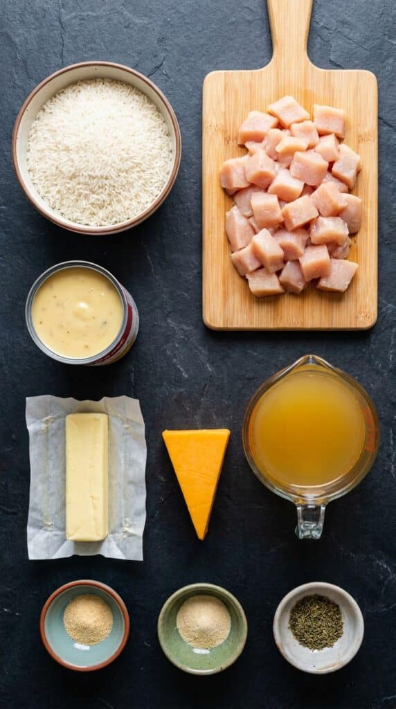 A flat lay showing uncooked rice, diced raw chicken, cream of chicken soup, chicken broth, butter, cheddar cheese, and spices on a dark slate board.