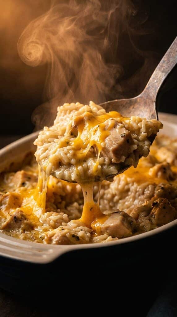 A dramatic close-up of a serving spoon lifting a steaming, creamy scoop of chicken and rice casserole with a gooey cheese pull.