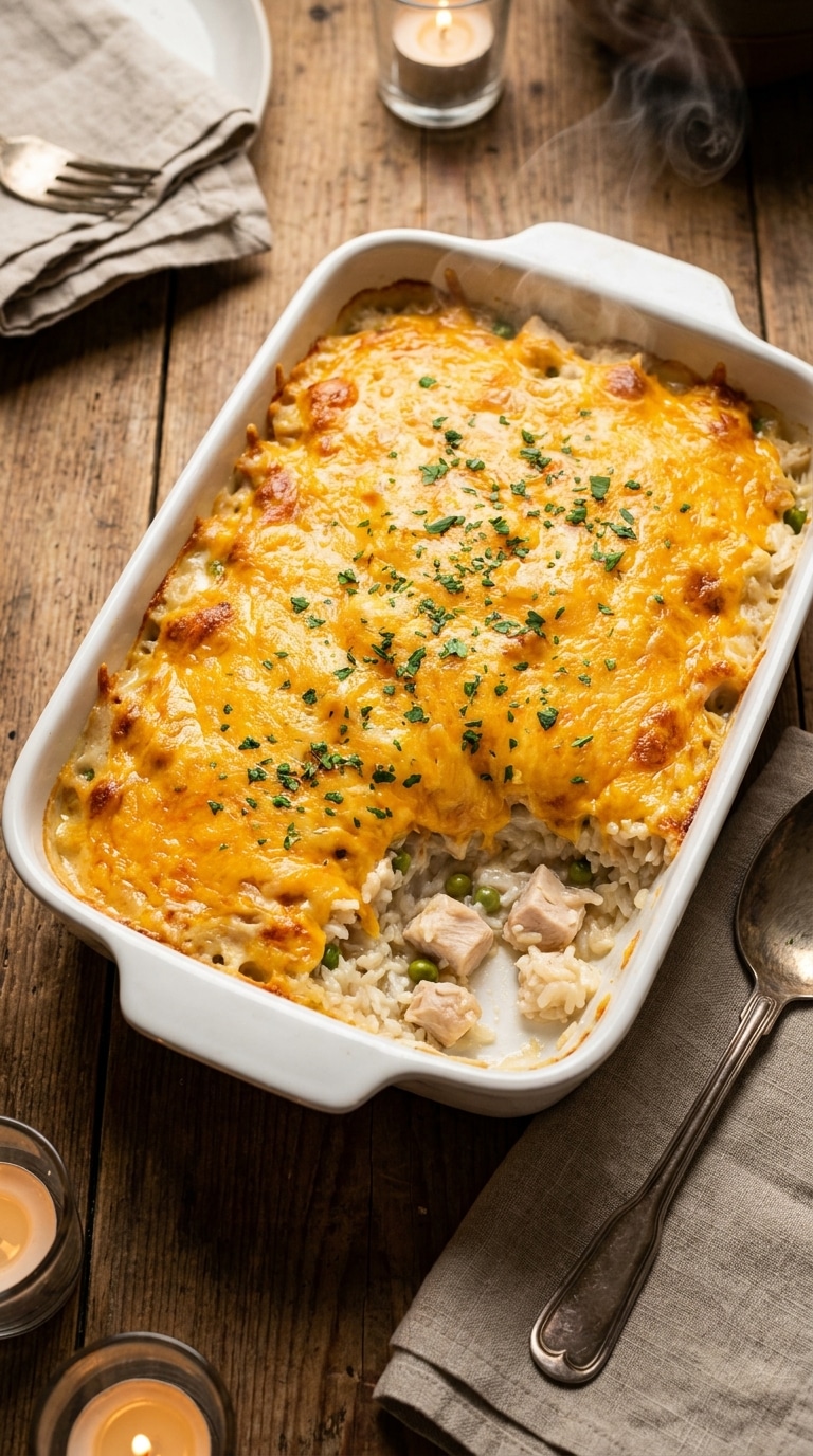 A top-down view of a rectangular baking dish filled with creamy chicken and rice casserole, topped with melted, bubbly cheddar cheese and fresh parsley.