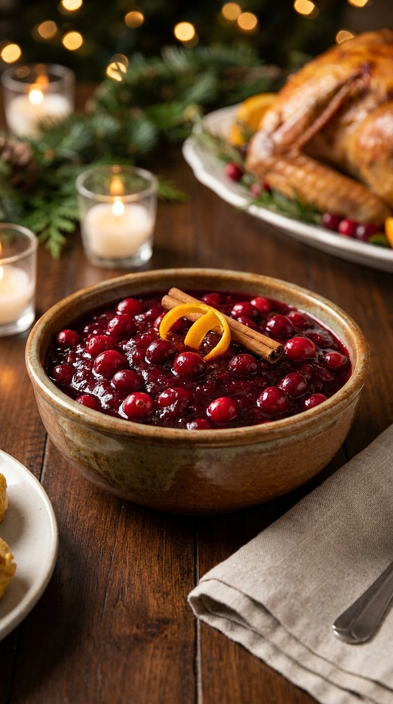 A top-down view of a serving bowl filled with thick, ruby-red homemade cranberry sauce garnished with an orange peel and cinnamon stick.