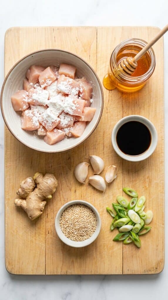 A flat lay showing raw diced chicken, cornstarch, honey, soy sauce, garlic, ginger, sesame seeds, and green onions on a wooden board.