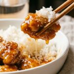 A close-up of wooden chopsticks holding a piece of glossy honey-glazed chicken over a bowl of white rice.