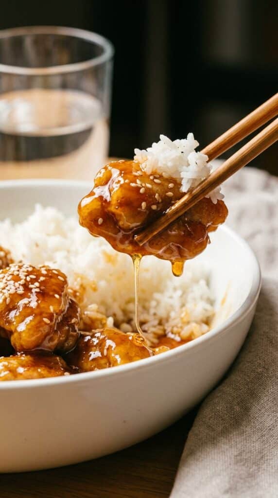 A close-up of wooden chopsticks holding a piece of glossy honey-glazed chicken over a bowl of white rice.