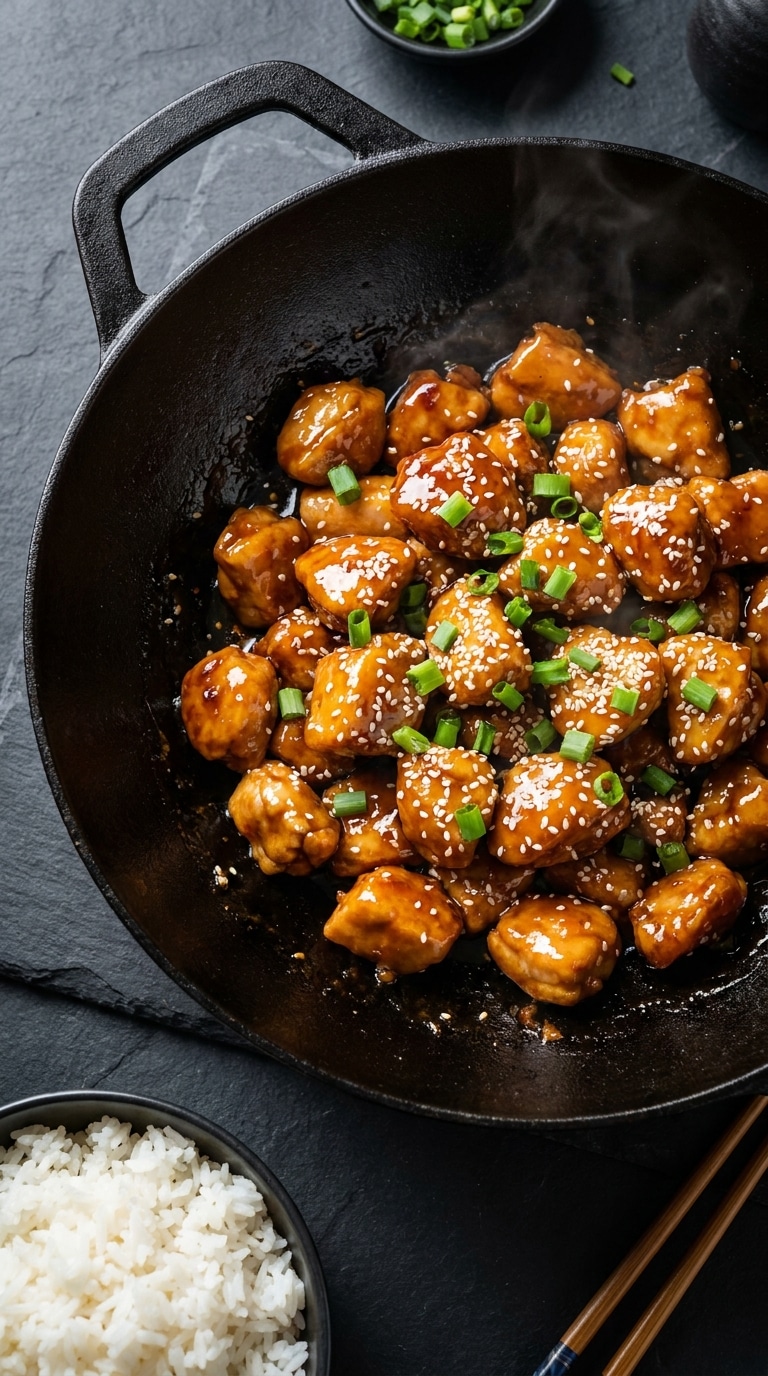 A top-down view of a wok filled with crispy bite-sized chicken coated in a shiny, sticky honey soy glaze, garnished with sesame seeds and green onions.