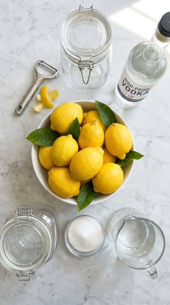 A flat lay showing fresh lemons, a peeler, a glass jar, vodka, sugar, and water on a white marble board.