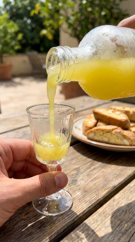 A close-up action shot of thick, bright yellow limoncello being poured into an icy cordial glass with biscotti in the background.