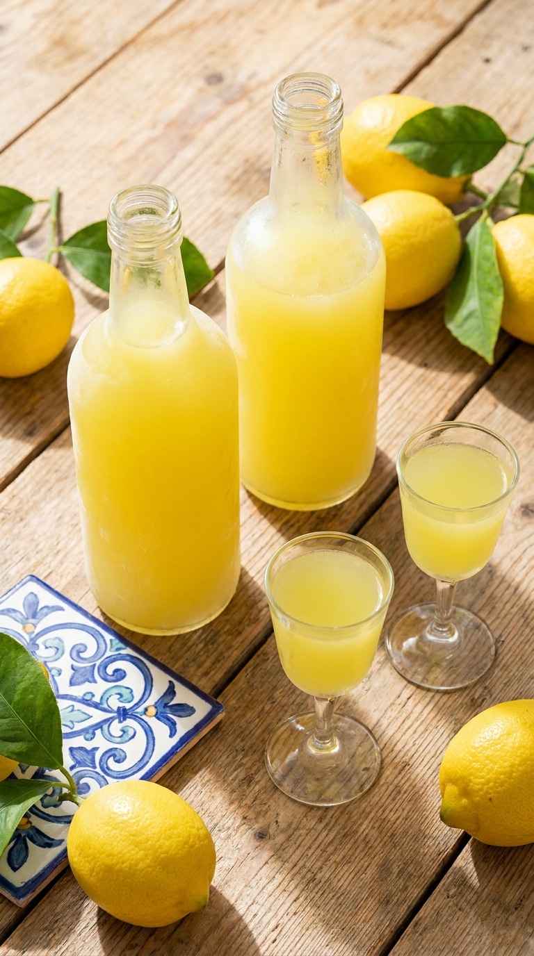 Two frosted glass bottles and small glasses filled with bright yellow limoncello liqueur, surrounded by fresh lemons on a rustic table.
