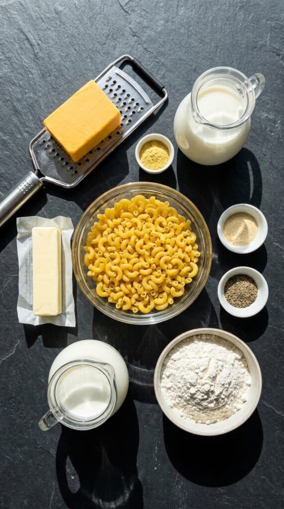A flat lay showing dry elbow macaroni, a wedge of cheddar cheese, butter, milk, flour, and spices on a dark slate board.
