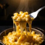 A dramatic close-up of a fork pulling up macaroni and cheese, creating a massive, stringy, gooey cheese pull against a dark background.