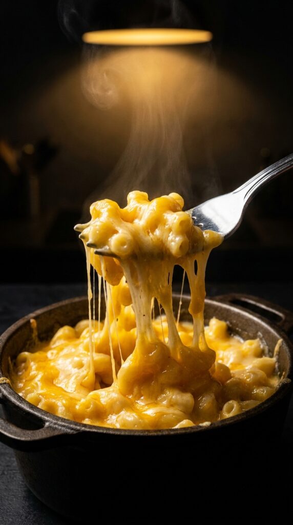 A dramatic close-up of a fork pulling up macaroni and cheese, creating a massive, stringy, gooey cheese pull against a dark background.