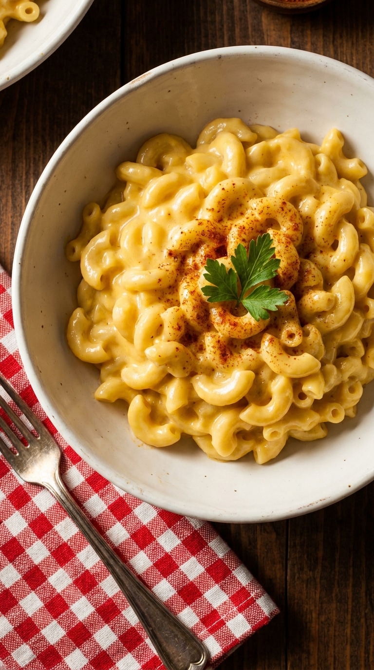 A close-up view of a rustic white bowl filled with creamy, golden stovetop macaroni and cheese topped with a pinch of paprika.