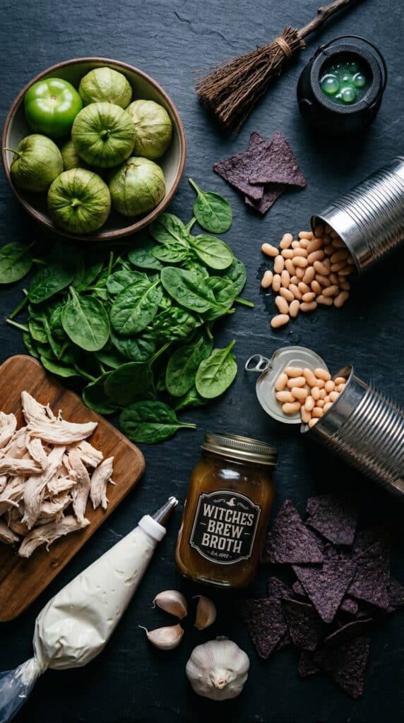 A flat lay showing tomatillos, fresh spinach, shredded chicken, white beans, sour cream, and blue corn chips on a dark slate board with subtle Halloween props.