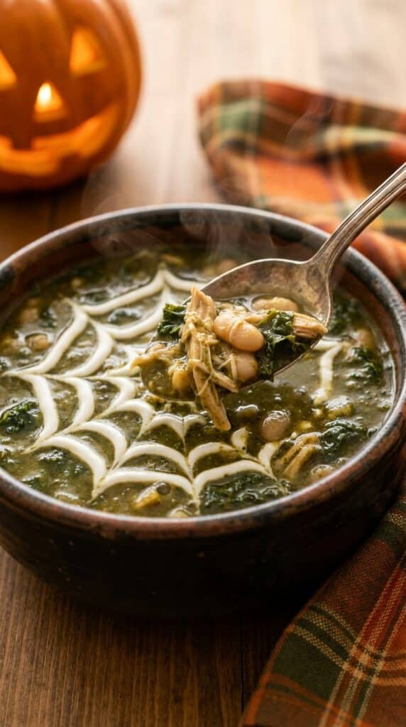 A close-up of a spoon breaking through a sour cream spiderweb on green chicken stew, lifting a hearty bite of beans and meat.