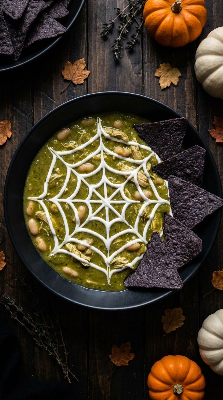 A black bowl filled with vibrant green chicken stew topped with a white sour cream spiderweb, surrounded by miniature pumpkins and blue corn chips.