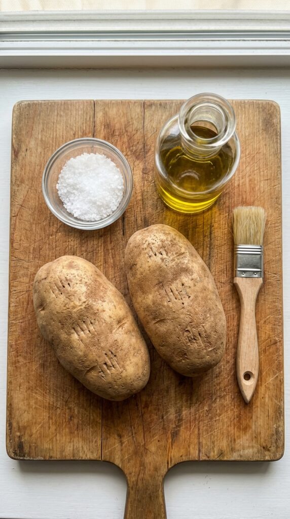 A flat lay showing raw Russet potatoes, coarse sea salt, olive oil, cheddar cheese, sour cream, and fresh raw green onions on a marble board.