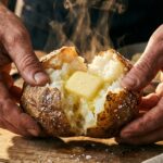 A close-up of a loaded baked potato topped with melting cheese, sour cream, bacon, and raw green onions, with steam rising.