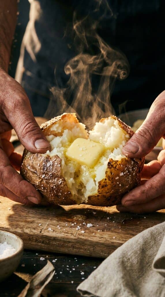 A close-up of a loaded baked potato topped with melting cheese, sour cream, bacon, and raw green onions, with steam rising.
