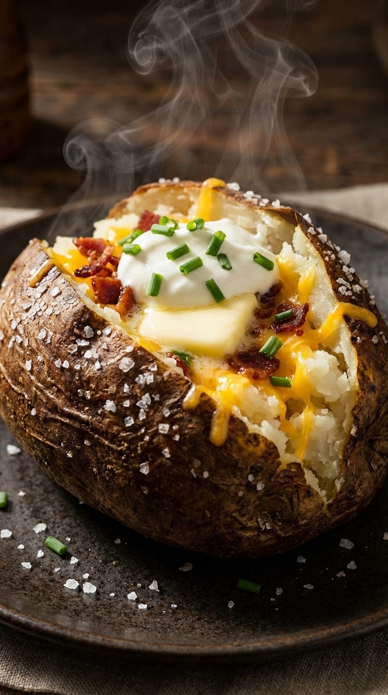 A close-up of a split baked potato with crispy, salt-crusted skin and a pat of melting butter inside.