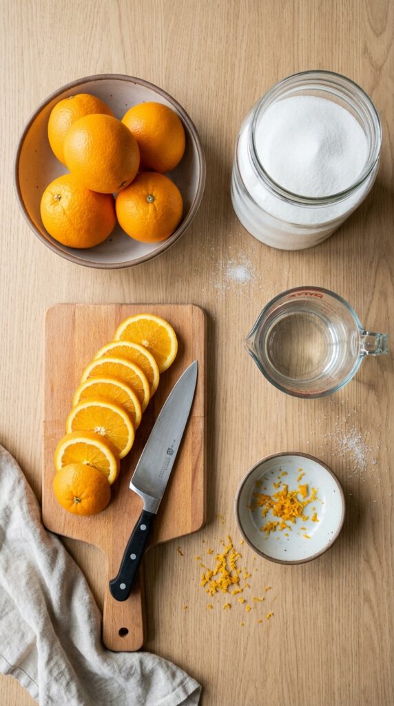 A flat lay showing whole oranges, sliced orange rounds, granulated sugar, water, and a knife on a wooden board.