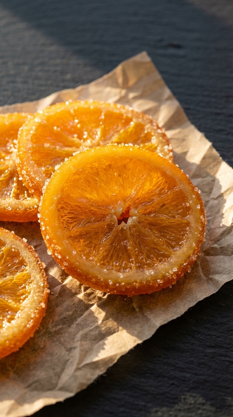 A close-up of bright, translucent candied orange slices coated in coarse sparkling sugar resting on parchment paper.