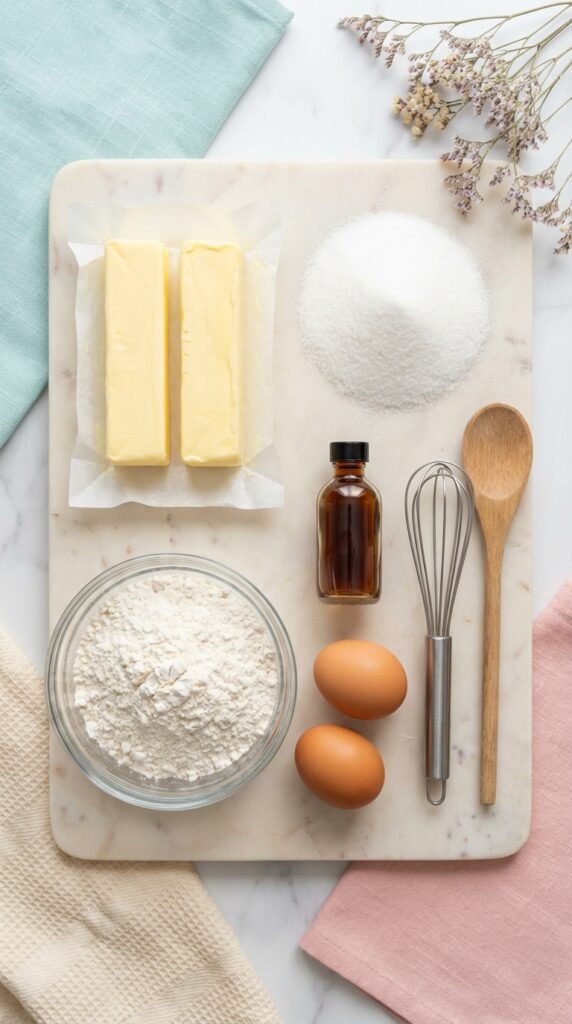 A flat lay showing butter, sugar, flour, eggs, and vanilla extract arranged neatly on a light marble board.