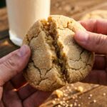A close-up of hands breaking a soft sugar cookie in half, revealing a chewy center, with a glass of milk in the background.