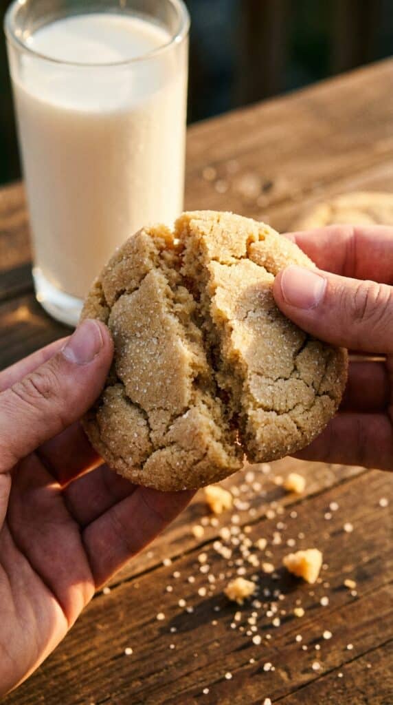 A close-up of hands breaking a soft sugar cookie in half, revealing a chewy center, with a glass of milk in the background.