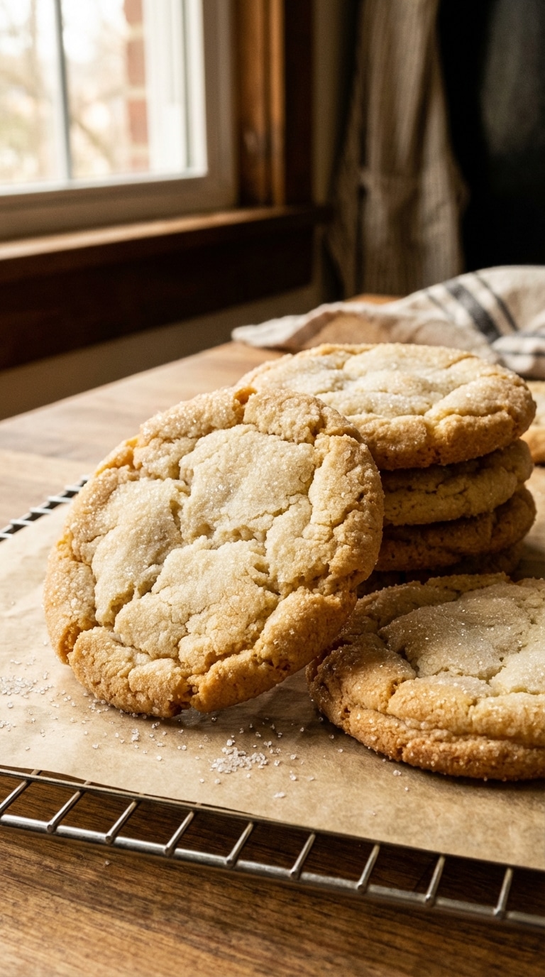 A stack of soft, chewy sugar cookies with crinkly, sugar-coated tops resting on a wire cooling rack.