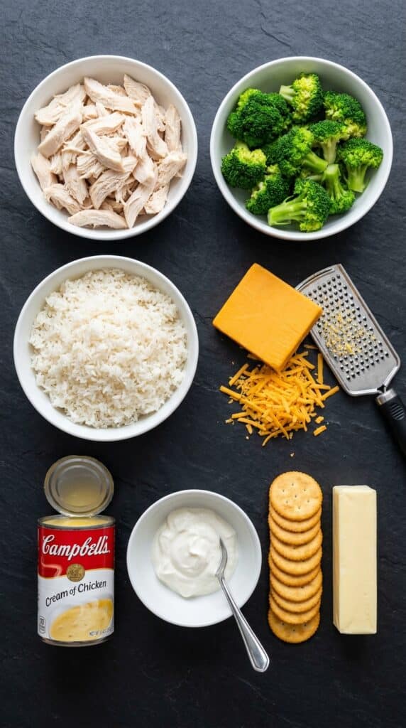 A flat lay showing shredded chicken, broccoli, rice, cheddar cheese, cream of chicken soup, sour cream, and crackers on a dark slate board.
