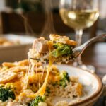 A close-up of a fork lifting a cheesy bite of chicken, broccoli, and rice casserole with a melted cheese stretch.