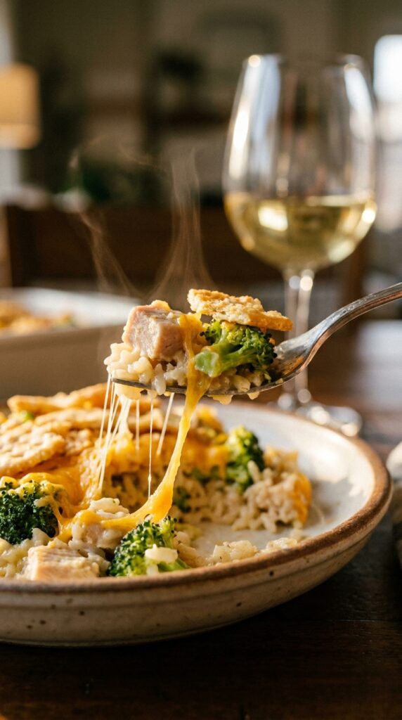A close-up of a fork lifting a cheesy bite of chicken, broccoli, and rice casserole with a melted cheese stretch.