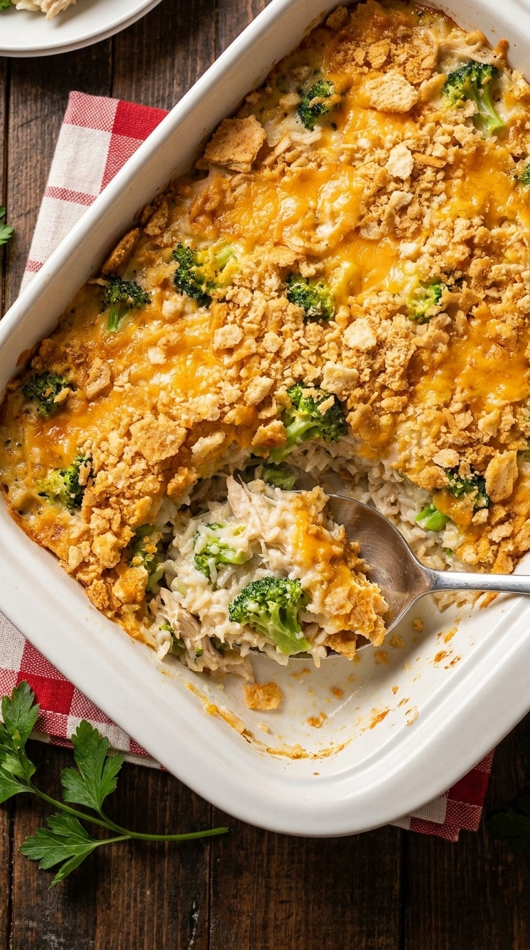 A top-down view of a baked chicken, broccoli, and rice casserole in a white dish, featuring a golden cracker crust and a creamy interior where a scoop is missing.
