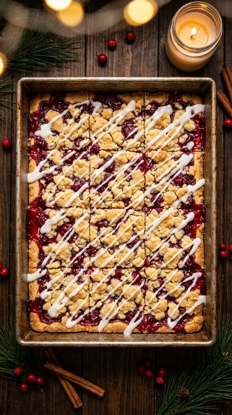 A vintage baking pan filled with golden cherry bars drizzled with white icing, sitting on a festive holiday table.
