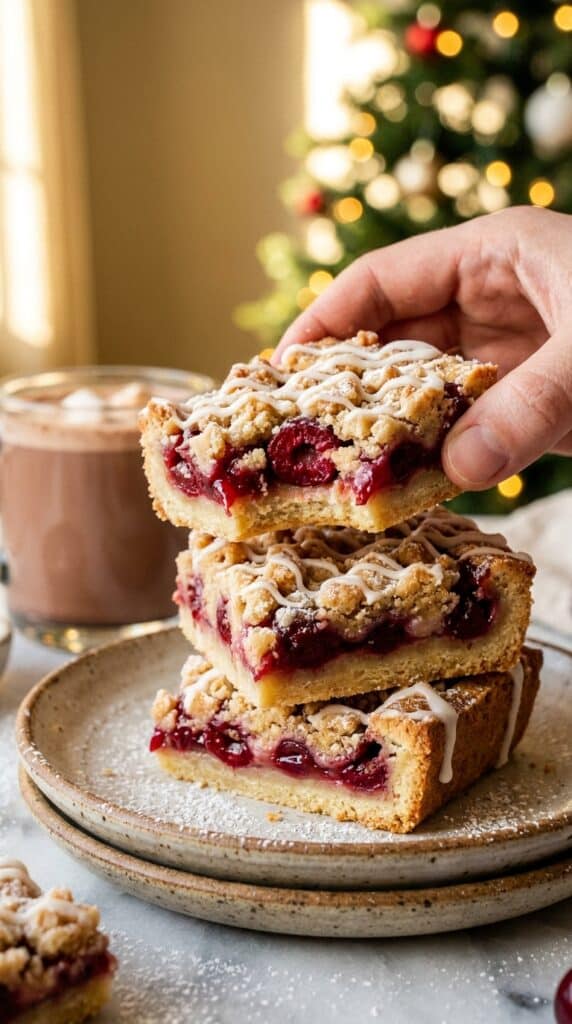A close-up of a hand holding a sliced cherry bar showing the thick cherry layer and icing, with a Christmas tree in the background.
