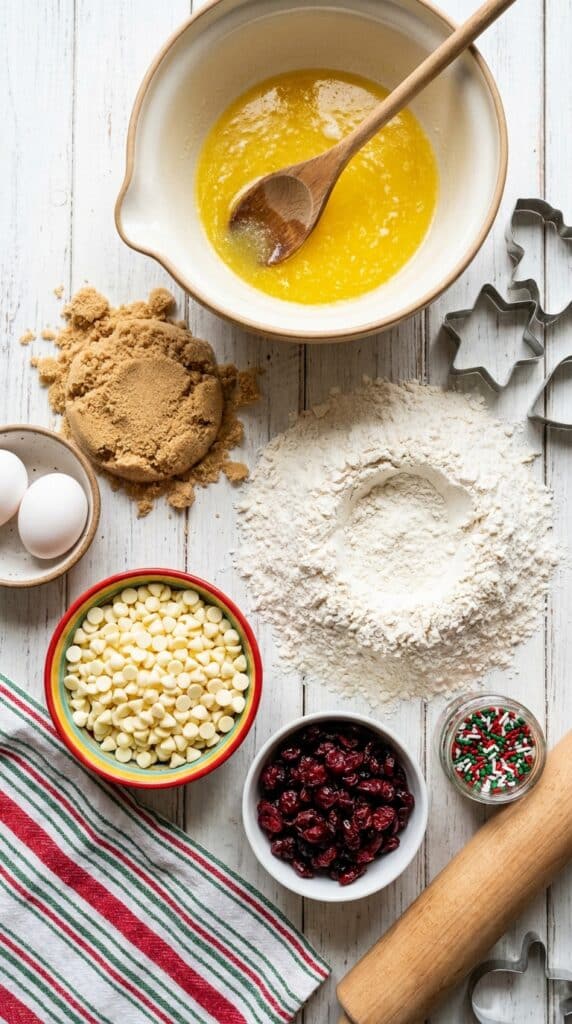 Ingredients for holiday cookie bars including butter, sugar, flour, white chocolate chips, dried cranberries, and sprinkles.