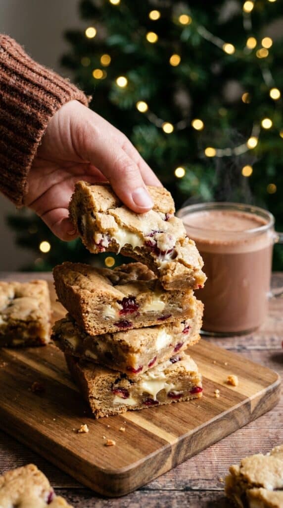 A close-up hand picking up a soft, chewy Christmas Cookie Bar, showing the soft interior with chocolate and cranberries.