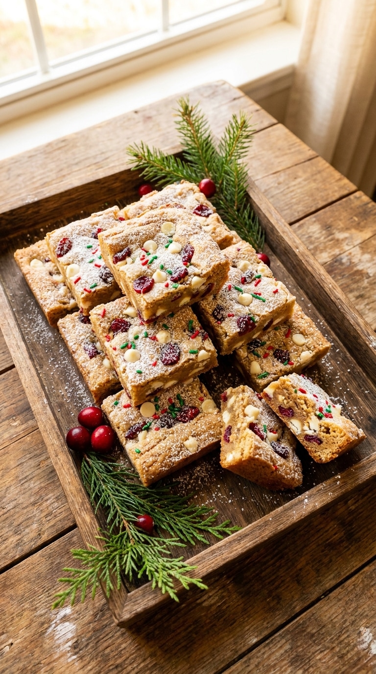 A tray of golden Christmas Cookie Bars filled with white chocolate, cranberries, and holiday sprinkles.