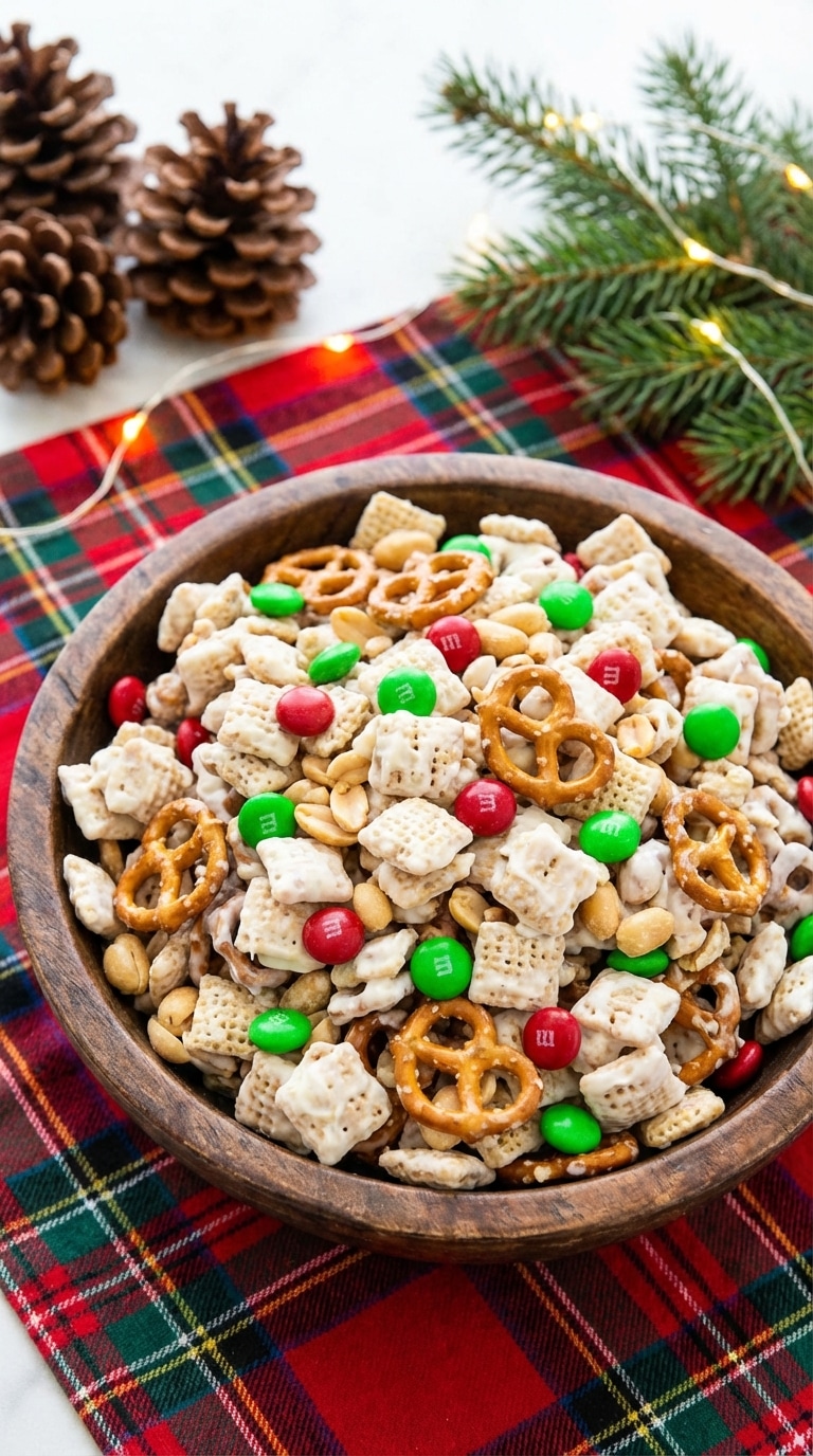 A wooden bowl overflowing with white chocolate coated Chex cereal, pretzels, and red and green M&Ms on a festive plaid tablecloth.