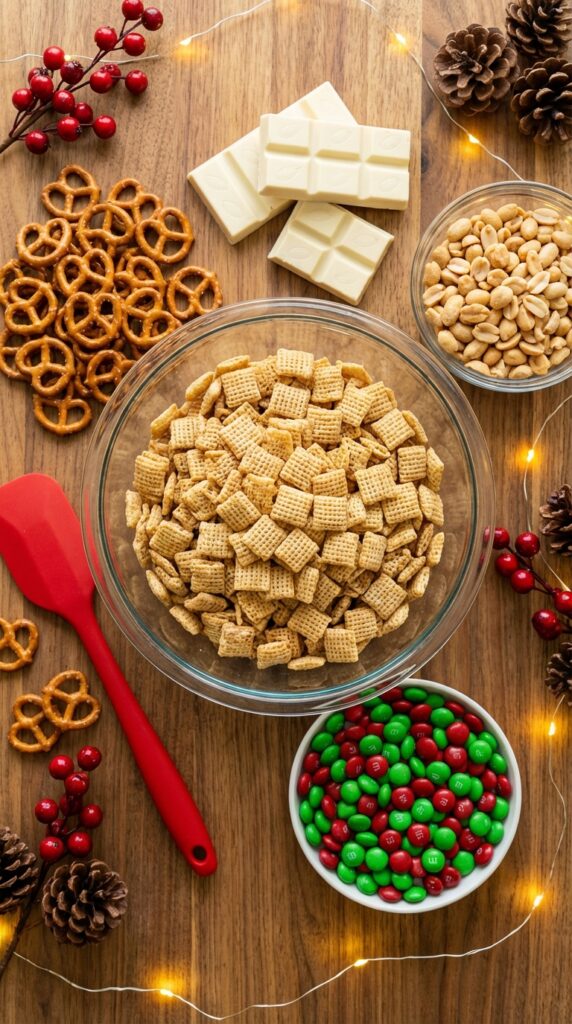 A flat lay showing Chex cereal, pretzels, peanuts, red and green M&Ms, and white chocolate on a dark wooden board.