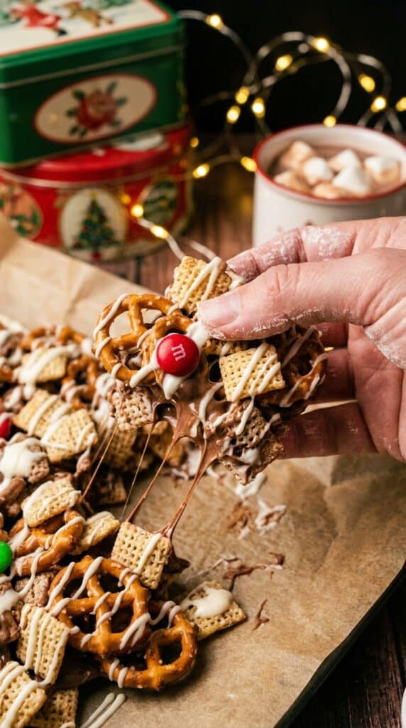 A close-up of a hand picking up a large cluster of white chocolate coated cereal, pretzels, and a red M&M from parchment paper.